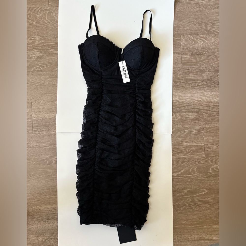 L'AGENCE Senna Lace Bustier Midi Dress in Black // Size Medium - Picture 4 of 5